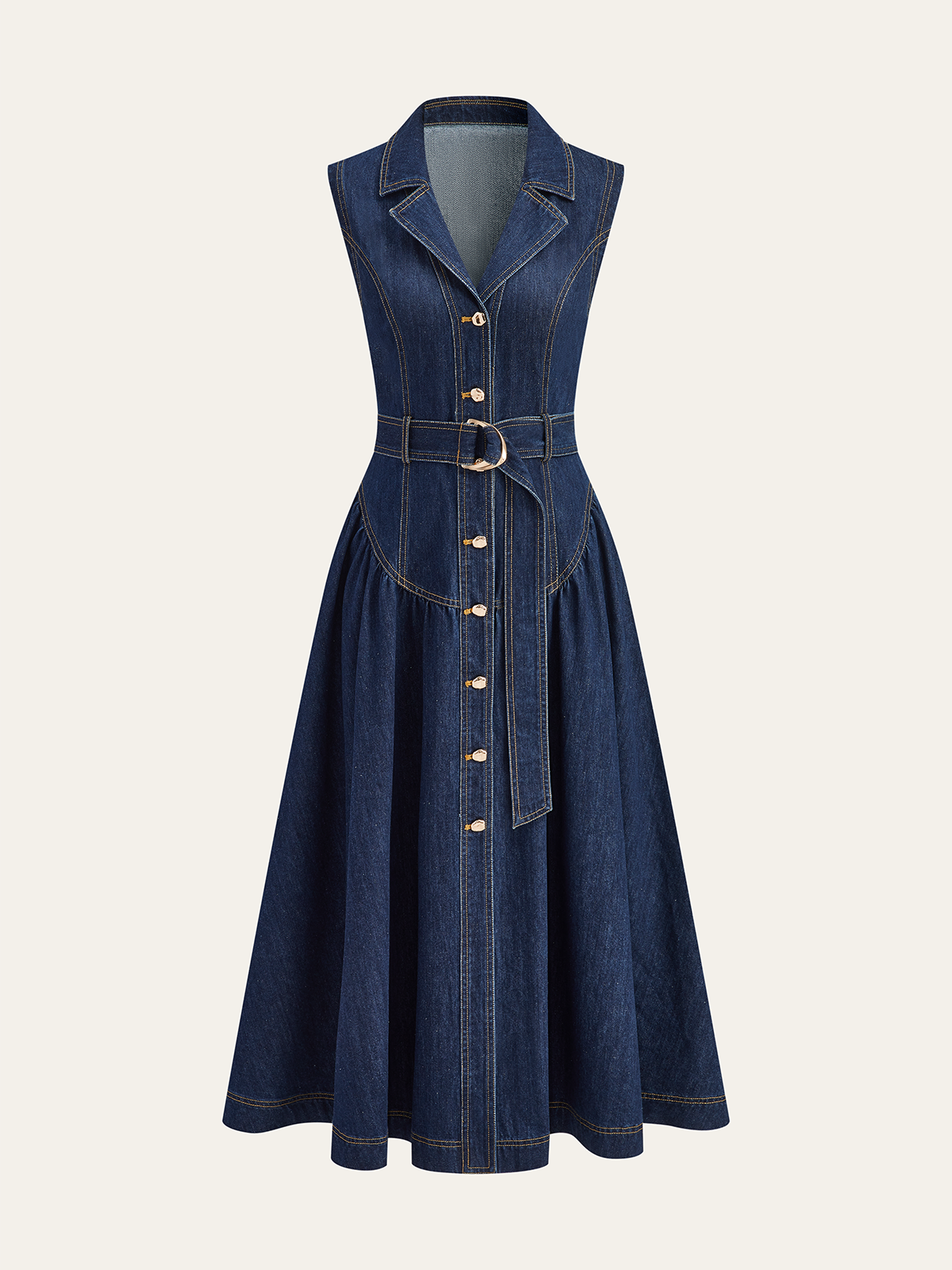 Metal Detail Denim Button-Front Belted Dress-Mesadic