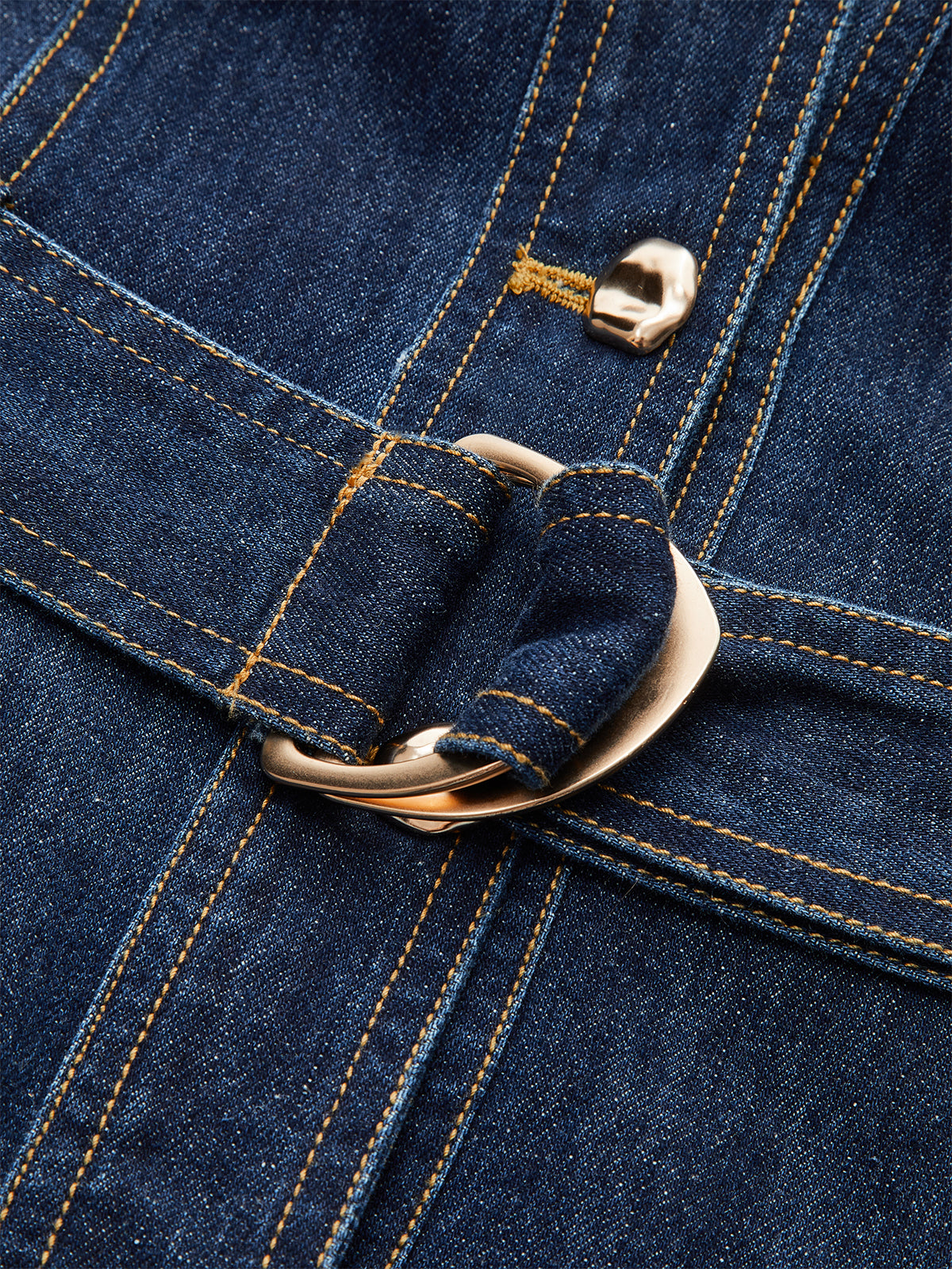 Metal Detail Denim Button-Front Belted Dress-Mesadic