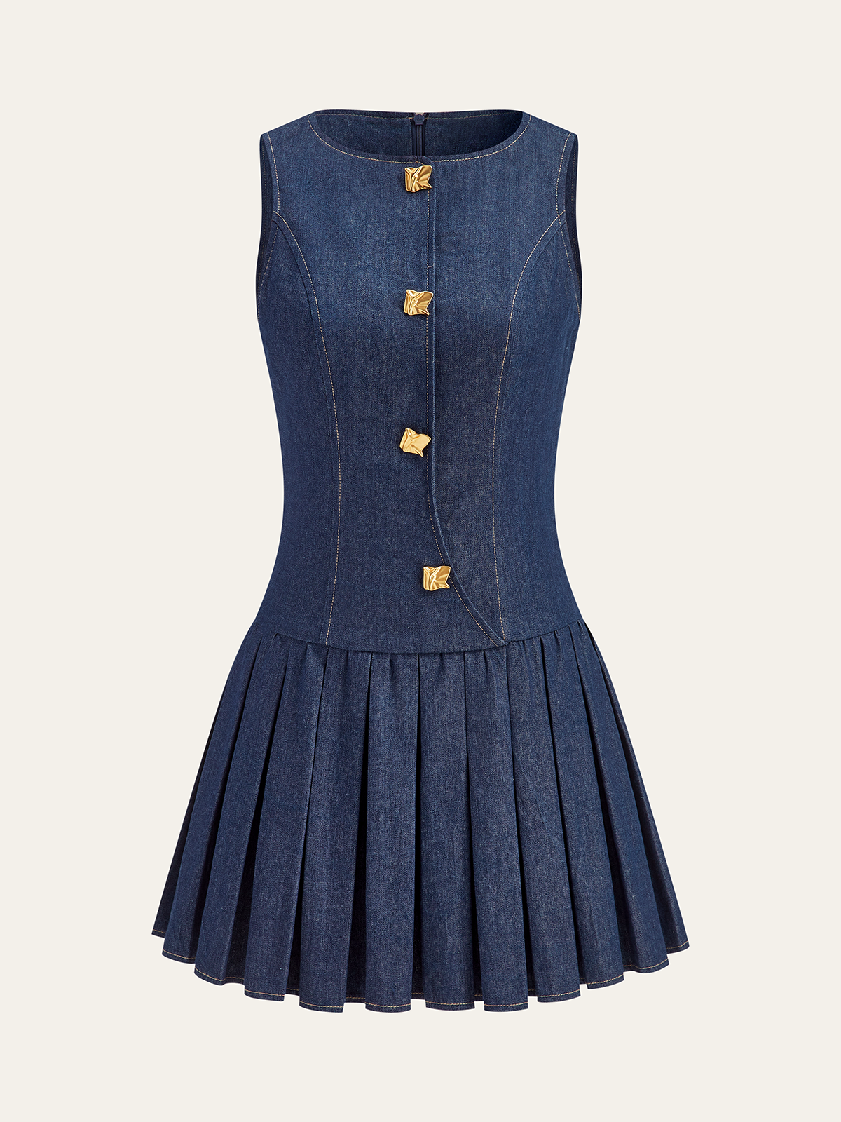 Metal Detail Denim Pleated Sleeveless Dress-Mesadic