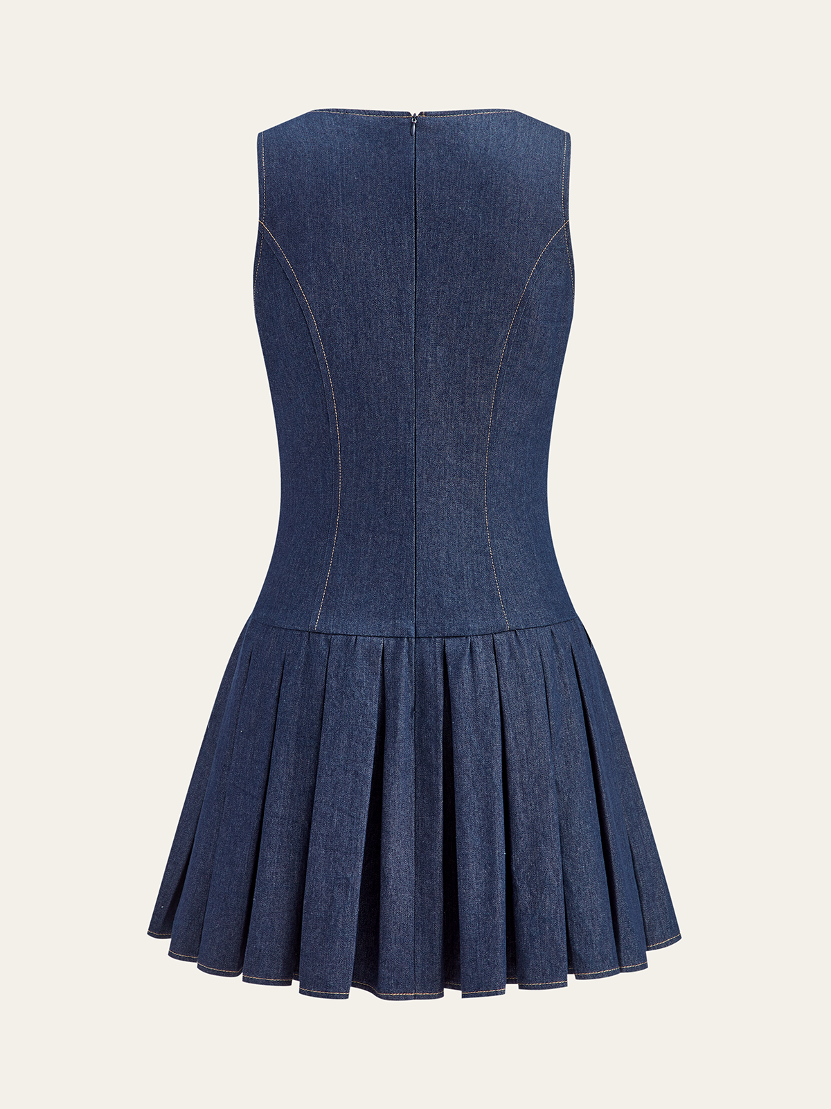 Metal Detail Denim Pleated Sleeveless Dress-Mesadic