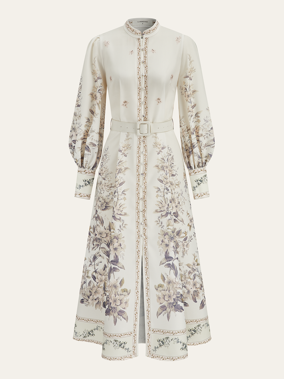 Floral Print Stand Collar Belted Midi Dress-Mesadic