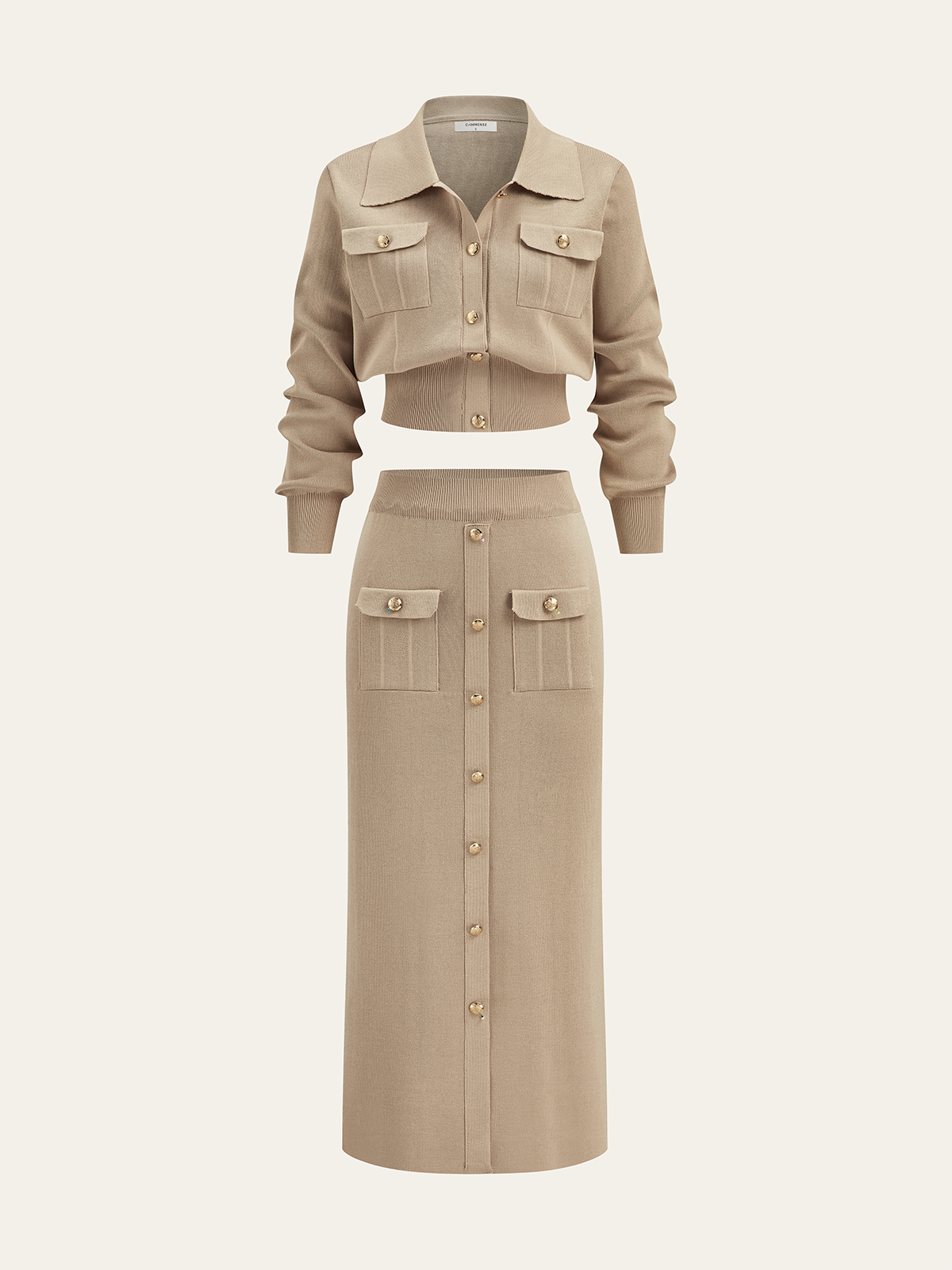 Metal Button Collared Cardigan and Midi Skirt Set-Massicos