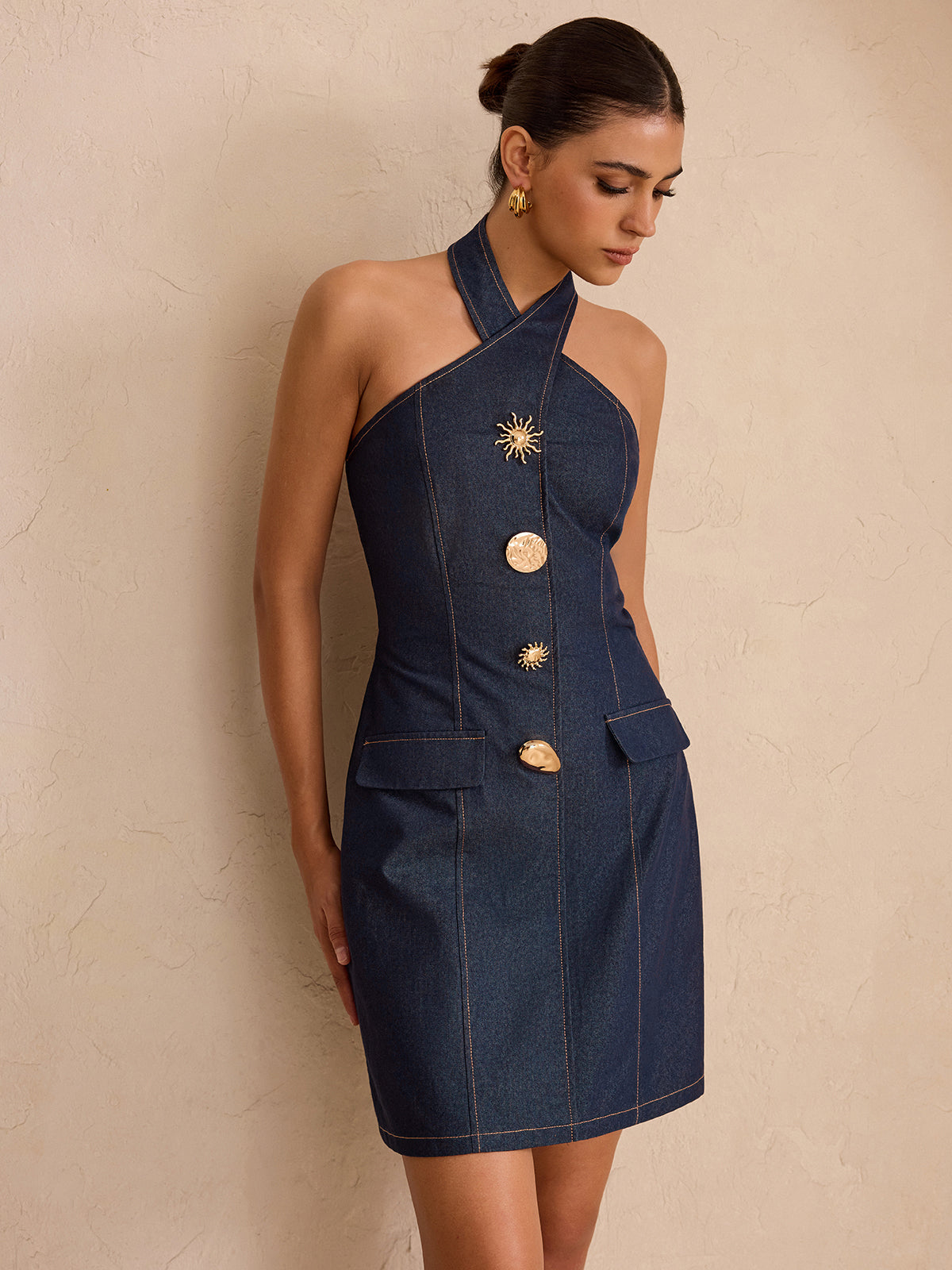 Denim Metal Detail Halter Neck Mini Dress-Massicos