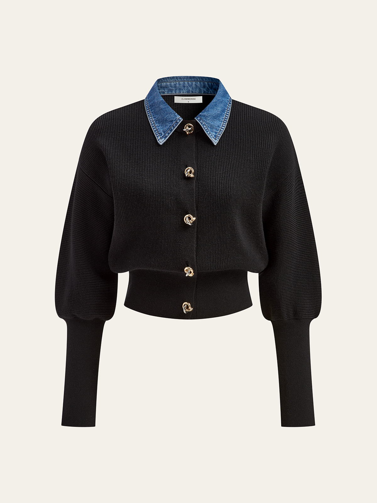 Wool Blend Denim Collar Puff Sleeve Cardigan-Massicos