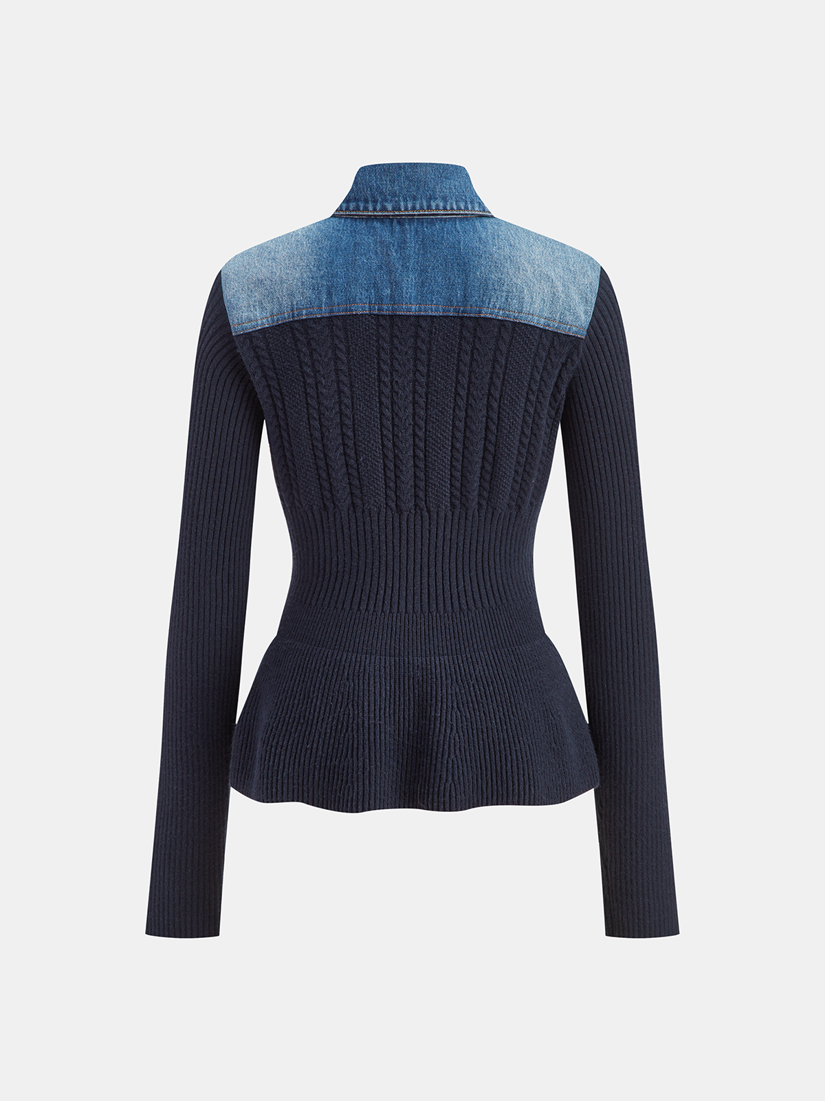 Denim Collar Cable Knit Button-Front Peplum Cardigan-Massicos