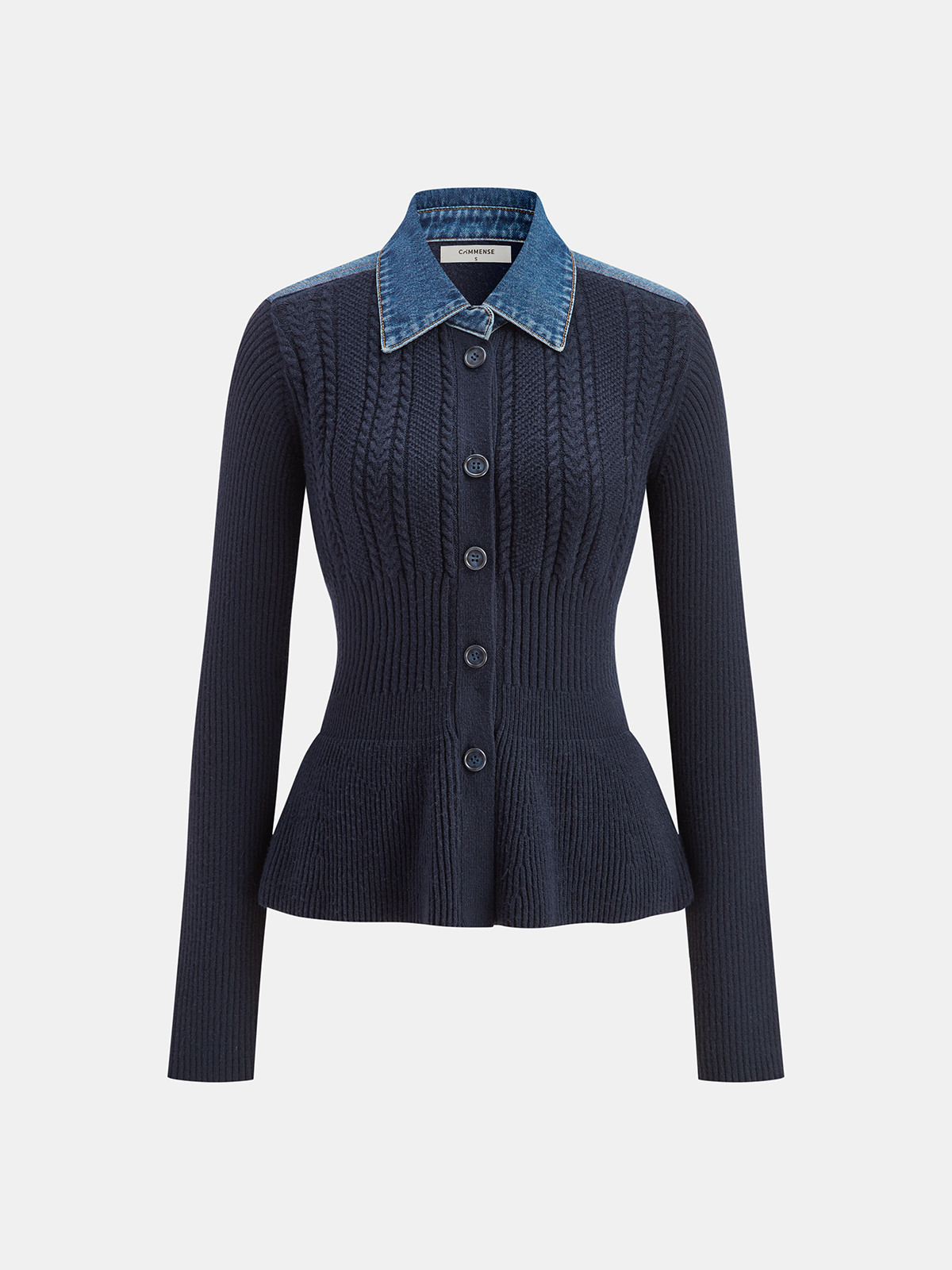 Denim Collar Cable Knit Button-Front Peplum Cardigan-Massicos