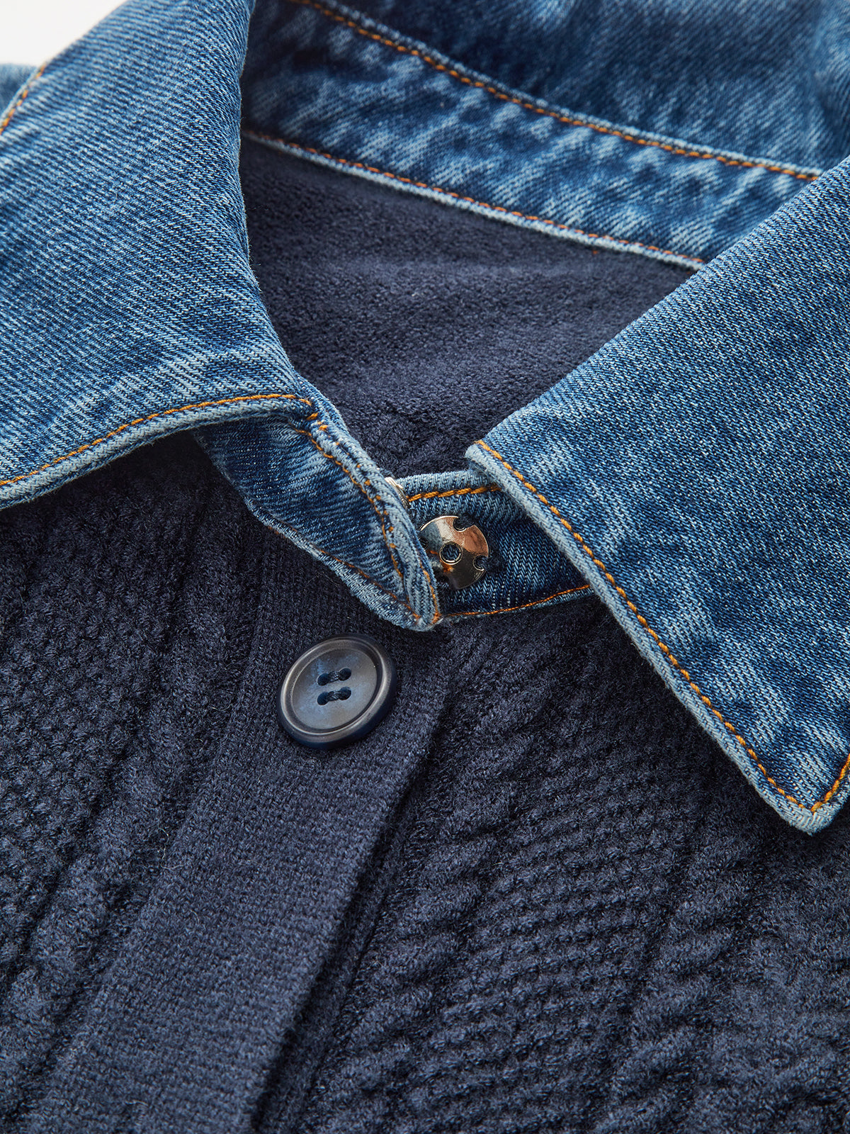 Denim Collar Cable Knit Button-Front Peplum Cardigan-Massicos