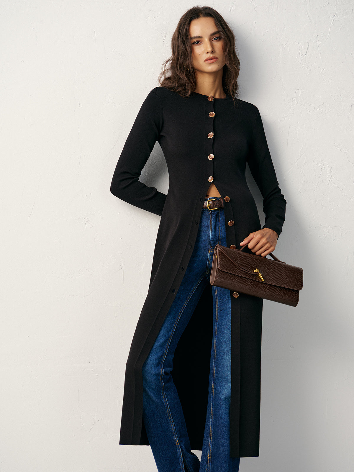 Button-Front Maxi Knit Cardigan Dress-Massicos