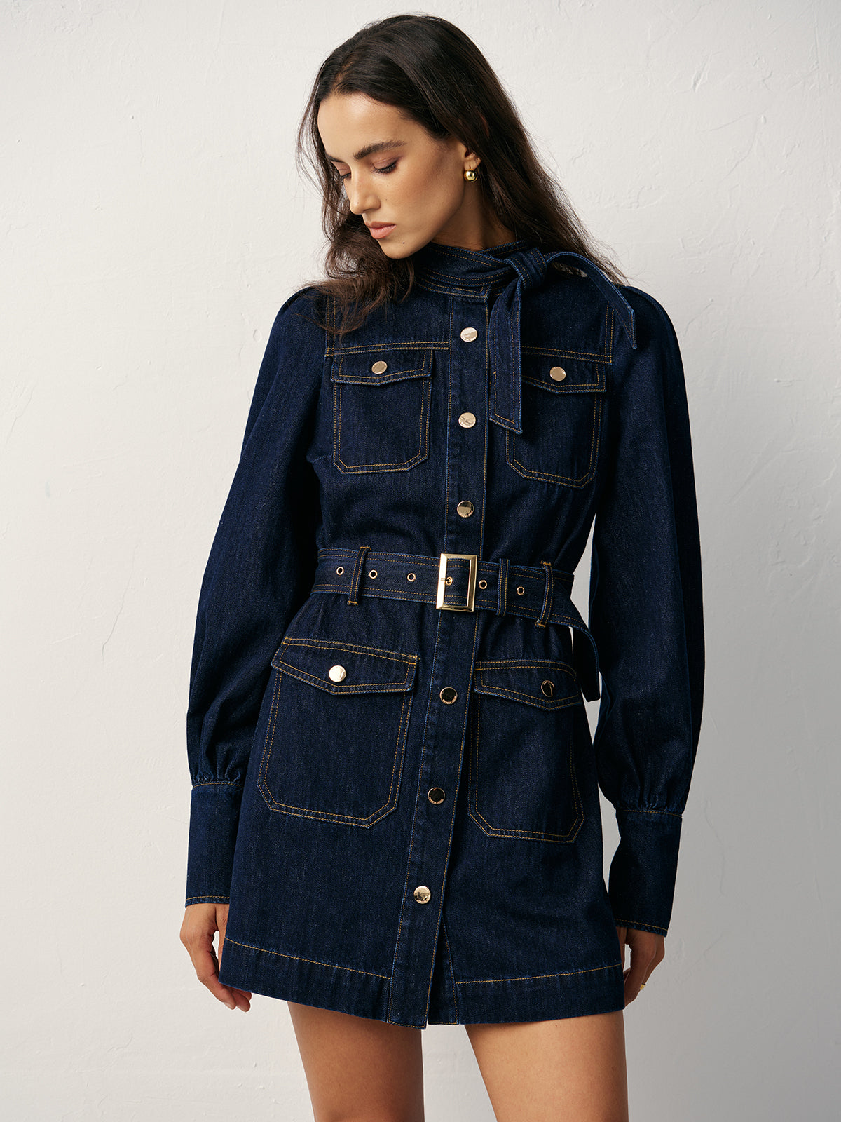 Belted Button-Front Denim Dress-Mesadic