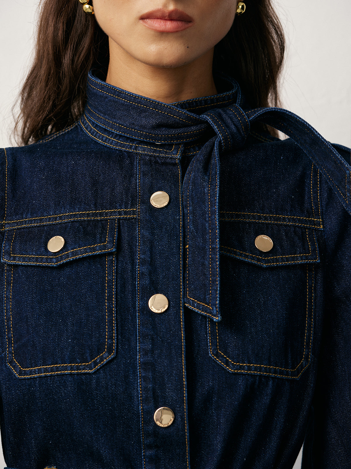 Belted Button-Front Denim Dress-Mesadic