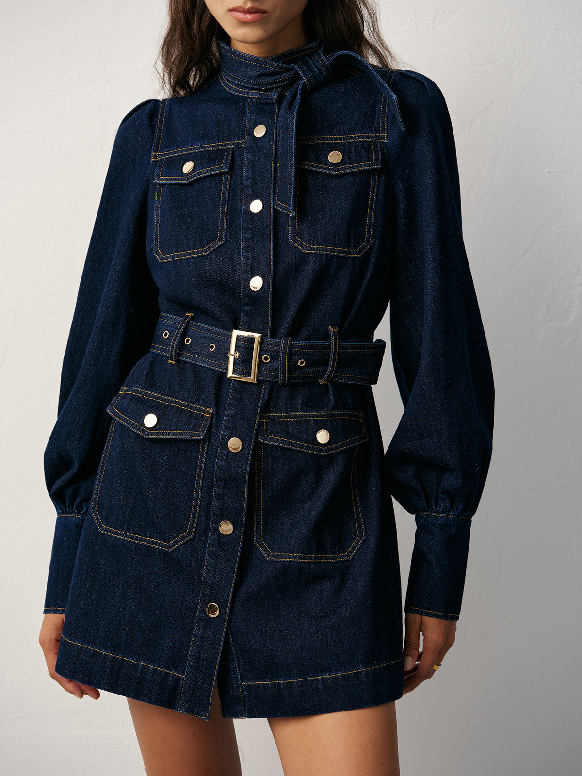 Belted Button-Front Denim Dress-Mesadic