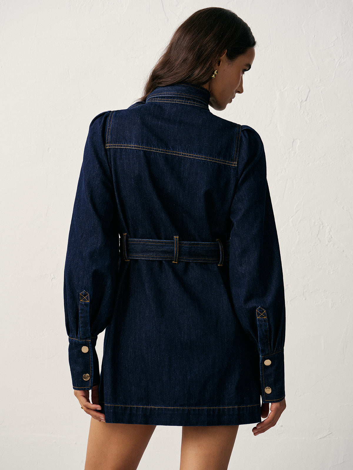 Belted Button-Front Denim Dress-Mesadic