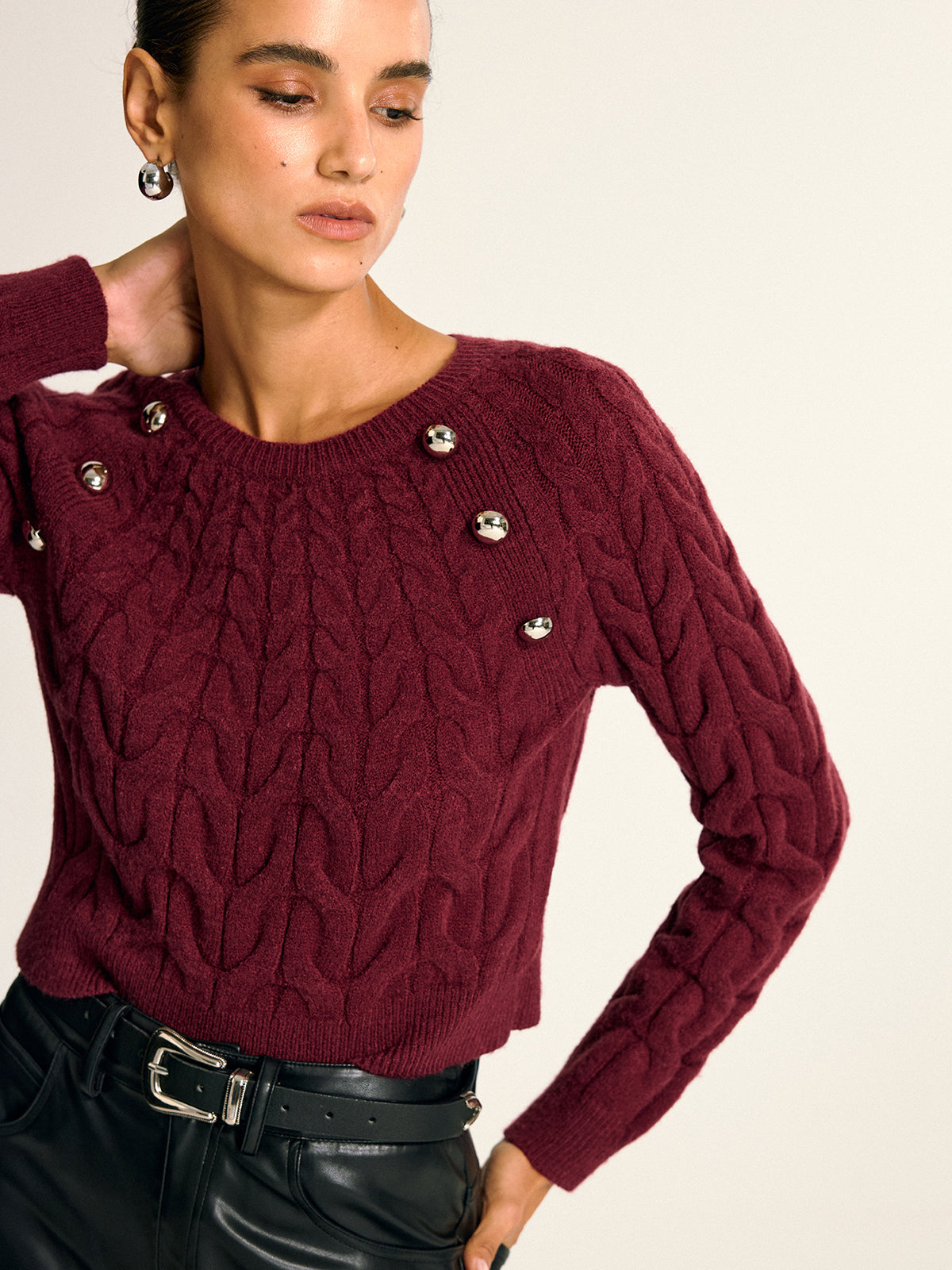 Metal Detail Cable Knit Round Neck Sweater-Massicos