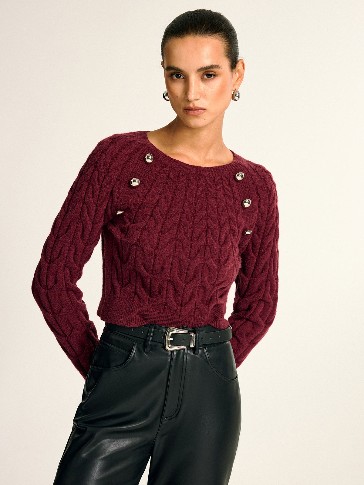 Metal Detail Cable Knit Round Neck Sweater-Massicos