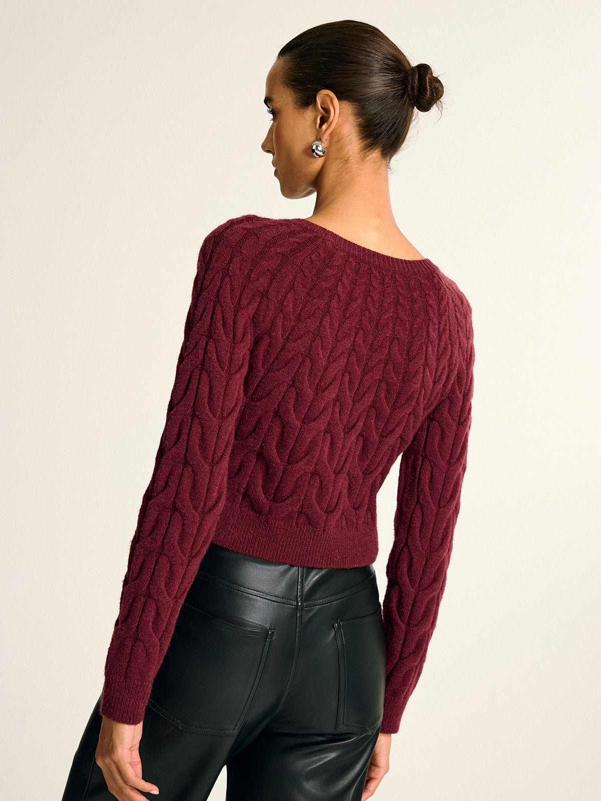 Metal Detail Cable Knit Round Neck Sweater-Massicos