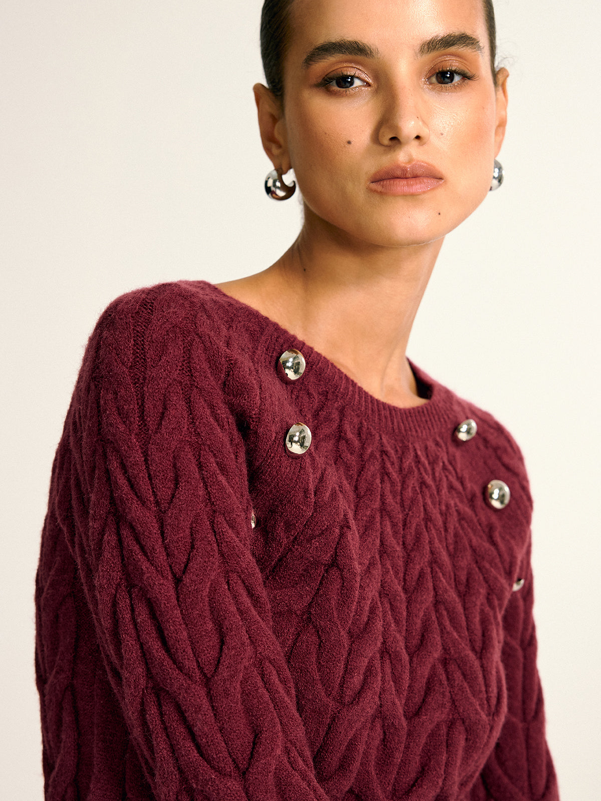 Metal Detail Cable Knit Round Neck Sweater-Massicos