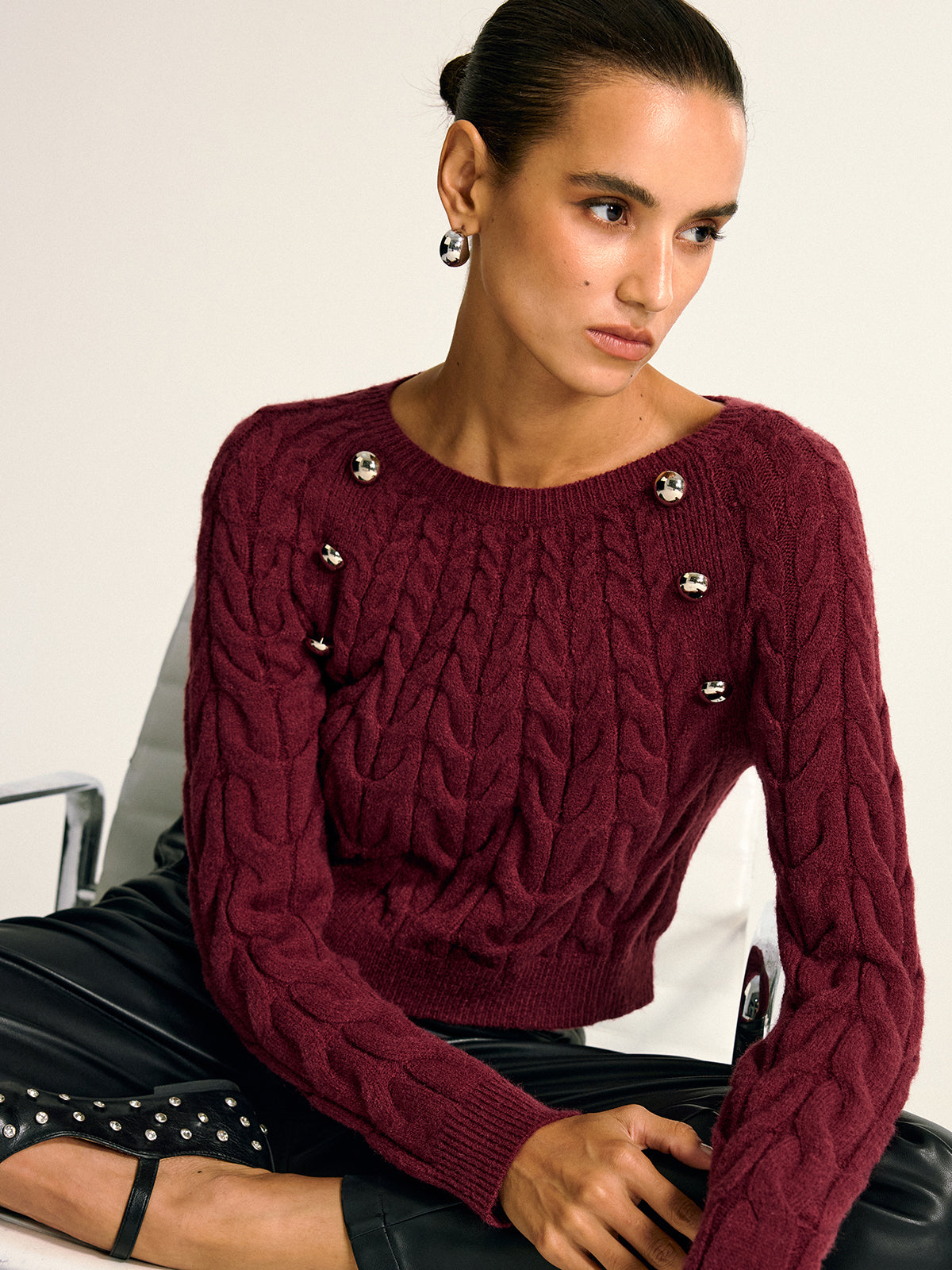 Metal Detail Cable Knit Round Neck Sweater-Massicos