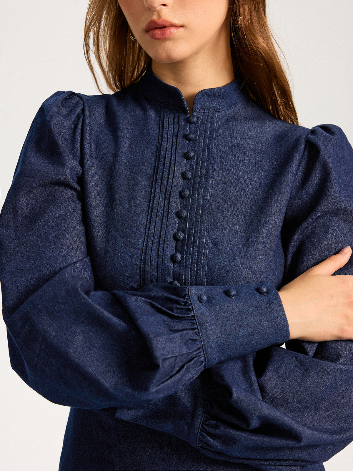 Denim Stand Collar Puff Sleeve Mini Dress-Massicos