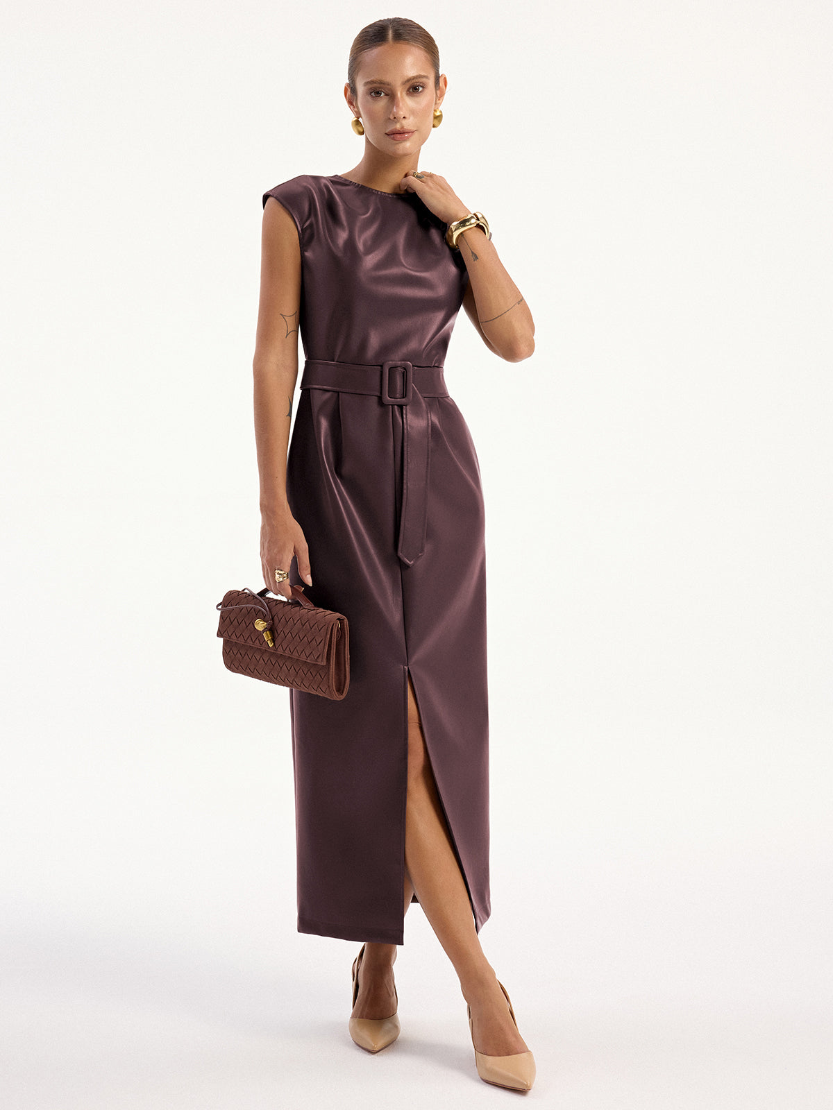 PU Leather Sleeveless Belted Midi Dress-Mesadic