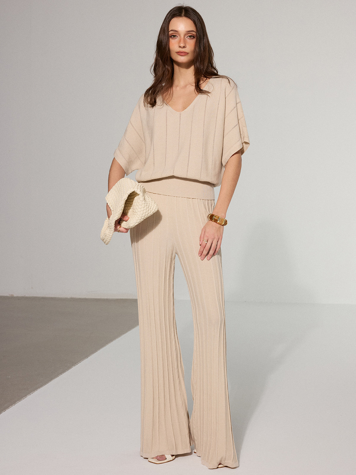 Textured Wool Blend V-Neck Sweater-Massicos