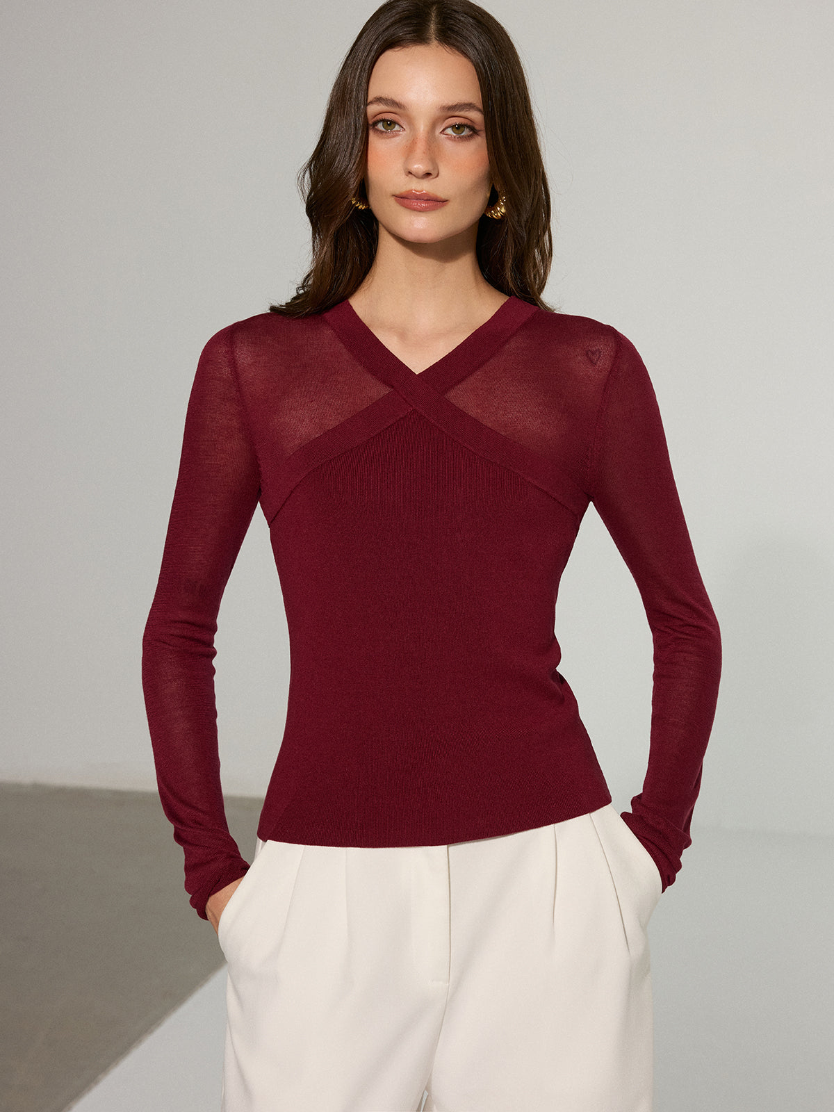Semi-Sheer Criss-Cross Knit Top-Massicos