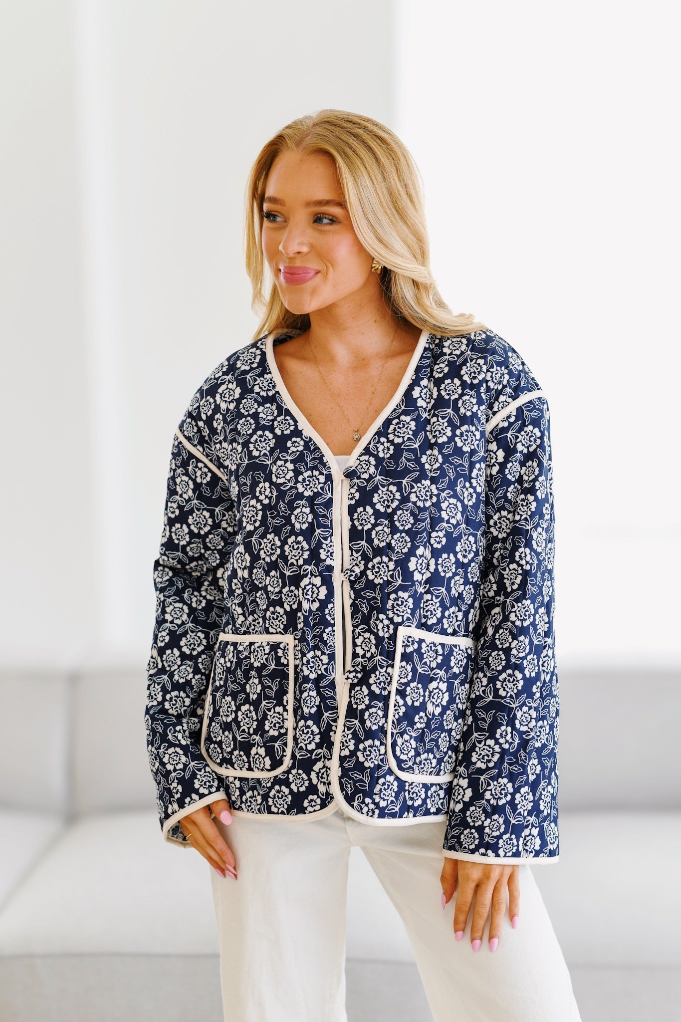 Jayla Printed Quilted Jacket-Navy/Cream-ROVOLE