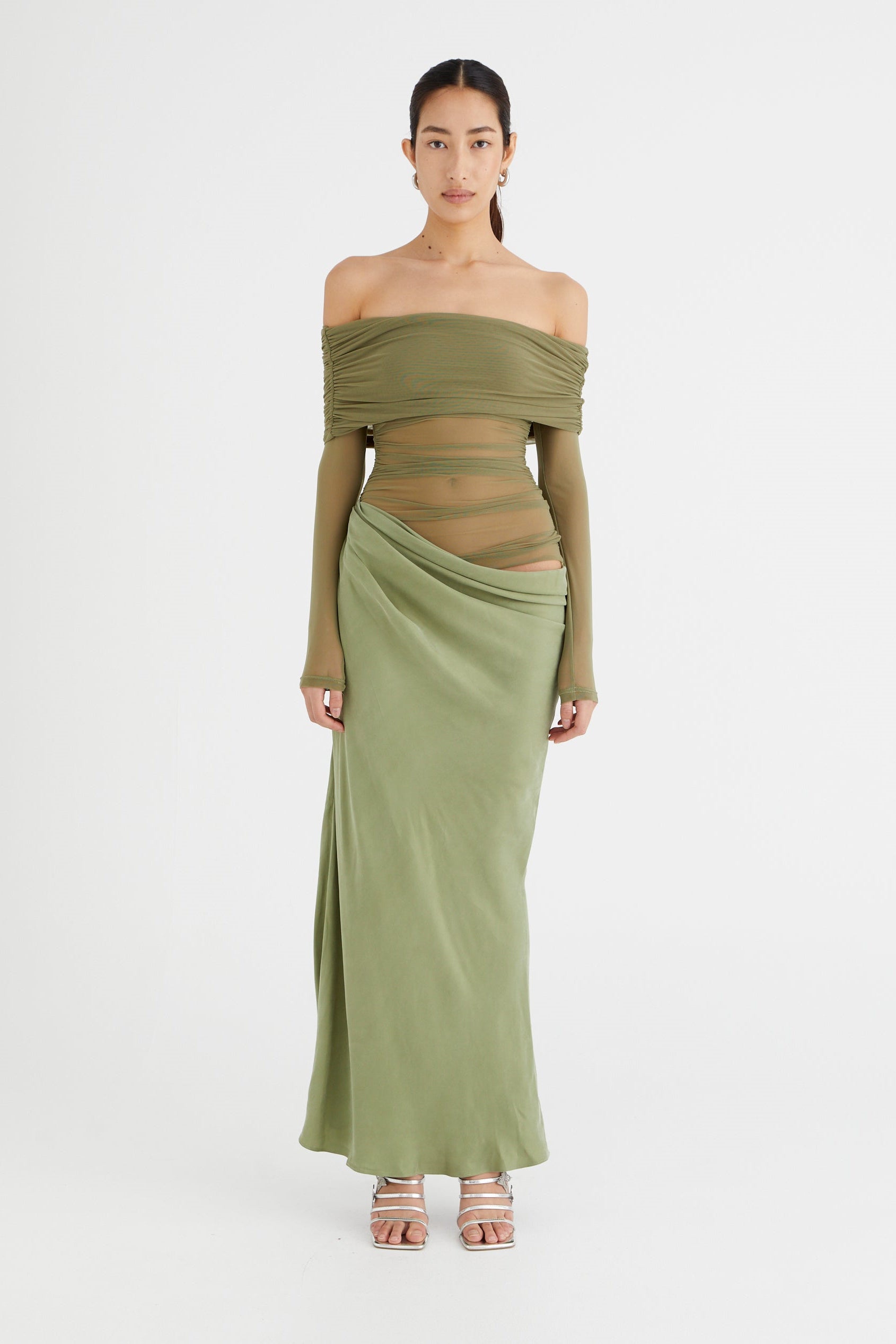 Lillian Off Shoulder Sheer Maxi Mesh Dress-ROVOLE