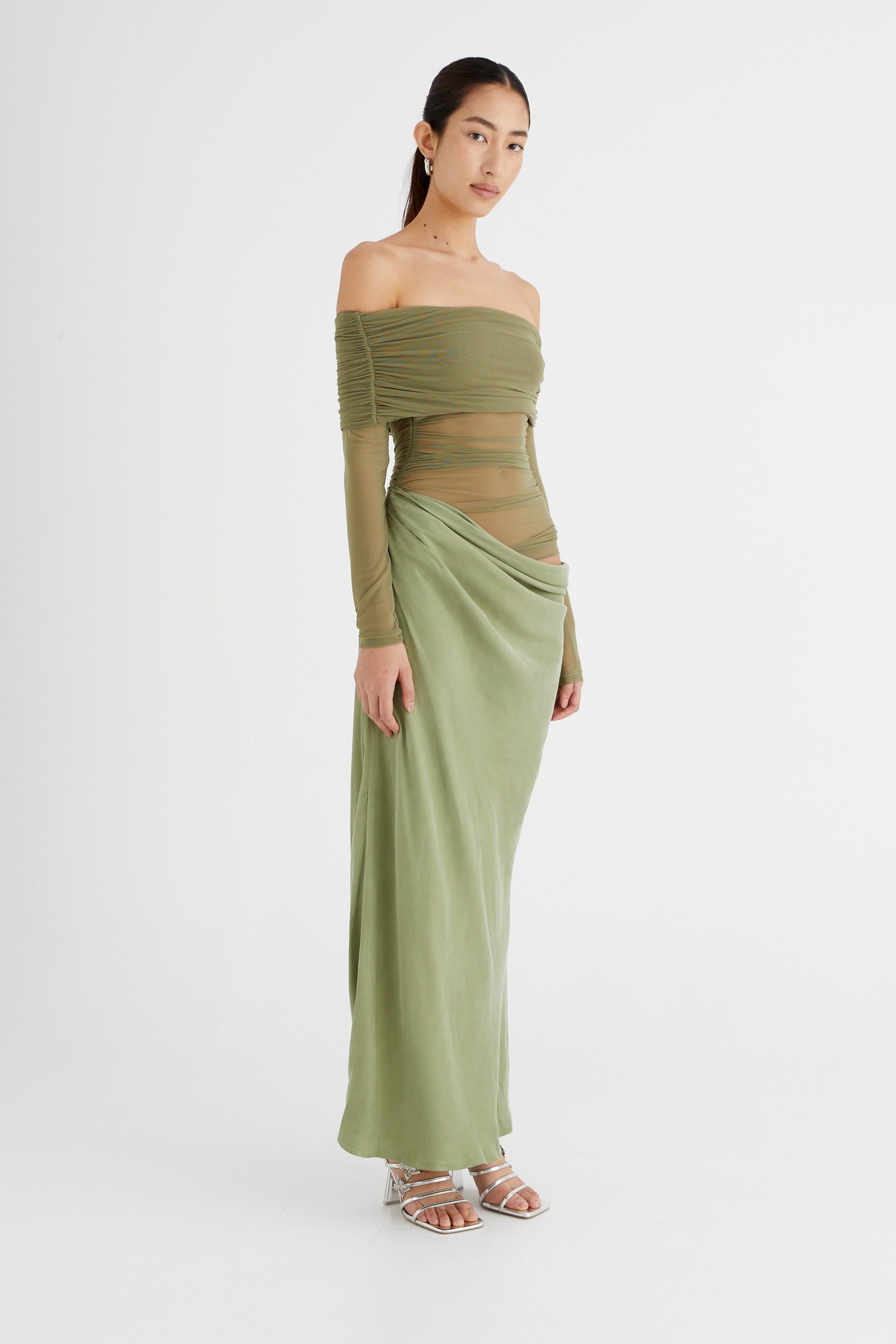 Lillian Off Shoulder Sheer Maxi Mesh Dress-ROVOLE