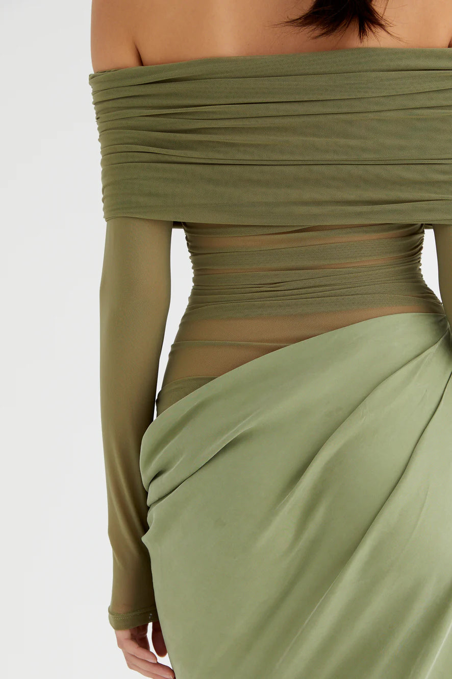 Lillian Off Shoulder Sheer Maxi Mesh Dress-ROVOLE