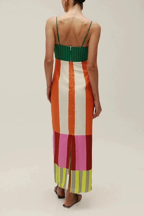 Beach Moment Linen Blend Unique Color Block Slip Maxi Dress