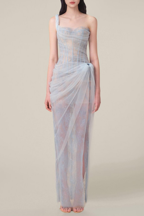 Bertille One Shoulder Maxi Dress In Blue-ROVOLE