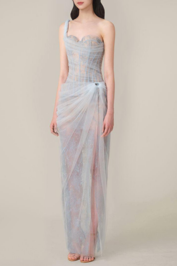 Bertille One Shoulder Maxi Dress In Blue-ROVOLE