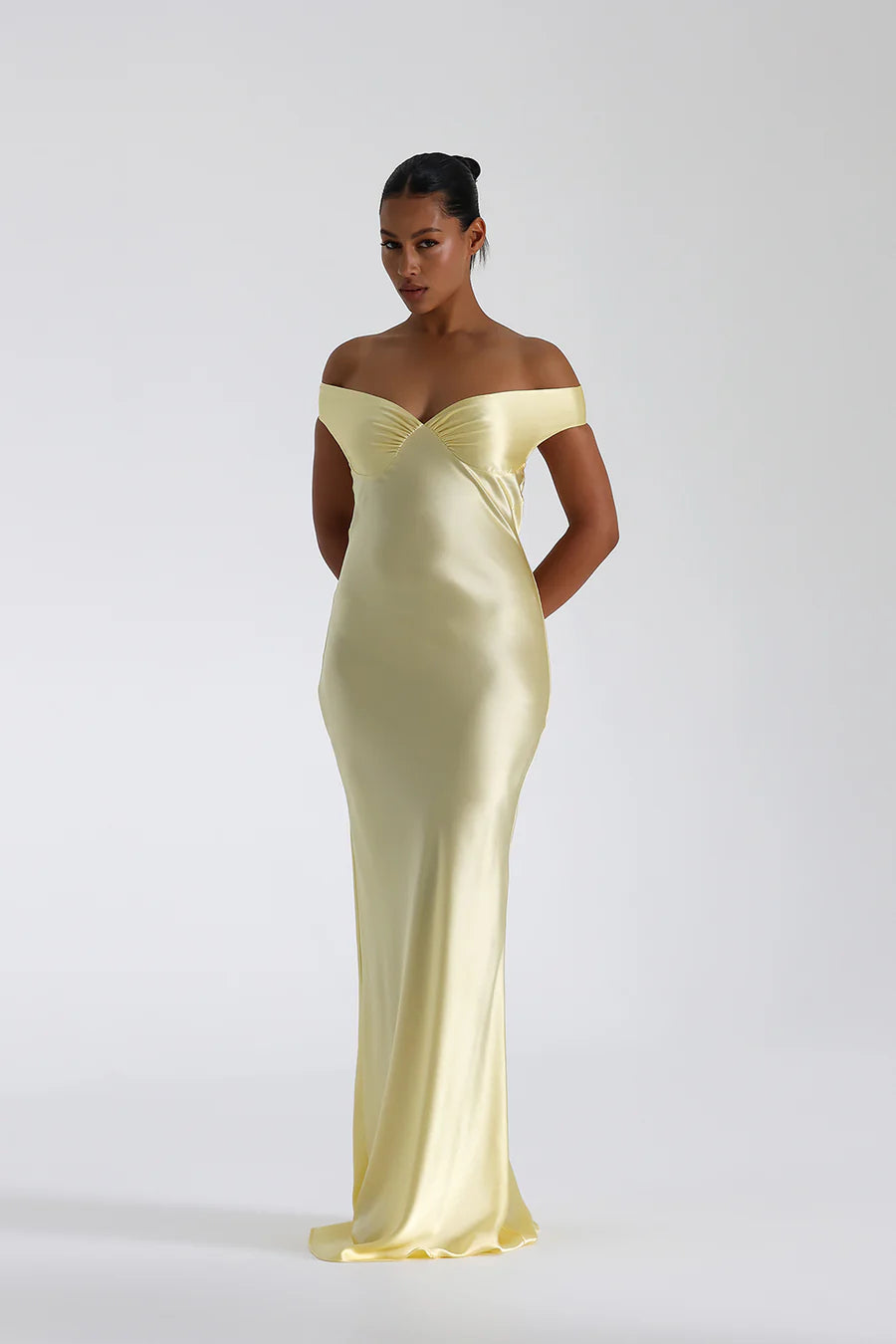 Off Shoulder Satin Maxi Dress-ROVOLE