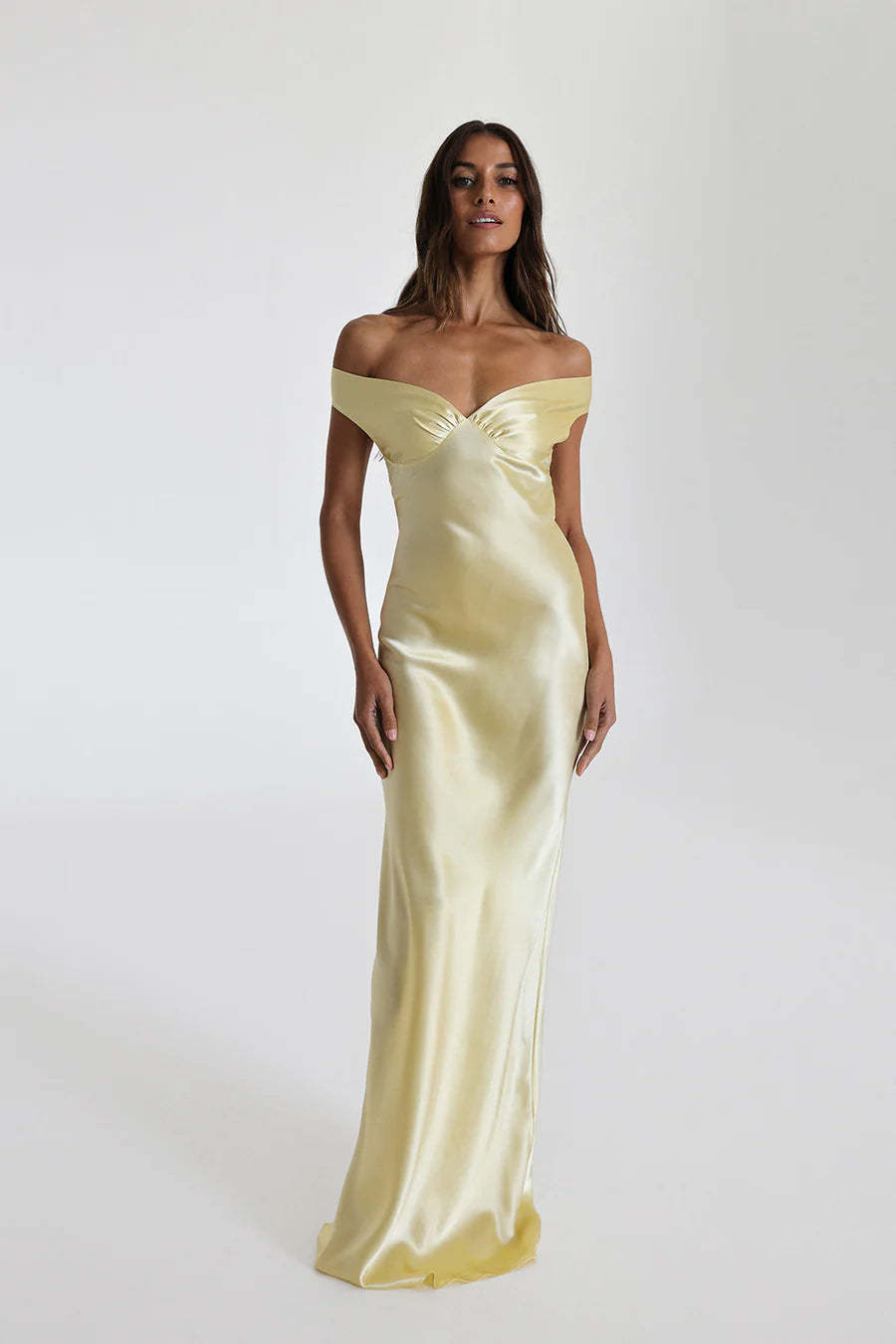 Off Shoulder Satin Maxi Dress-ROVOLE