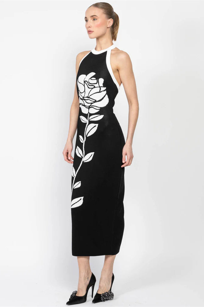 Darlene Halter Floral Open Back Midi Knit Dress-ROVOLE