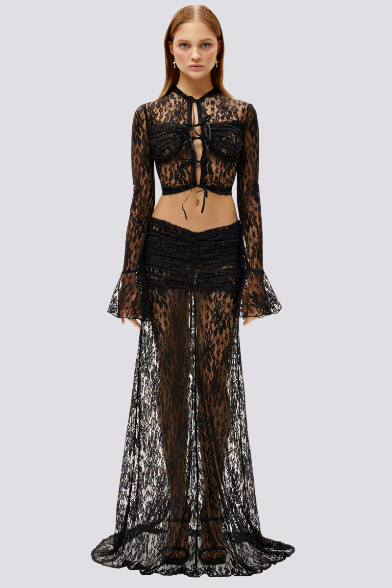Calixte Long Sleeve Lace Ruched Skirt Set In Black-ROVOLE