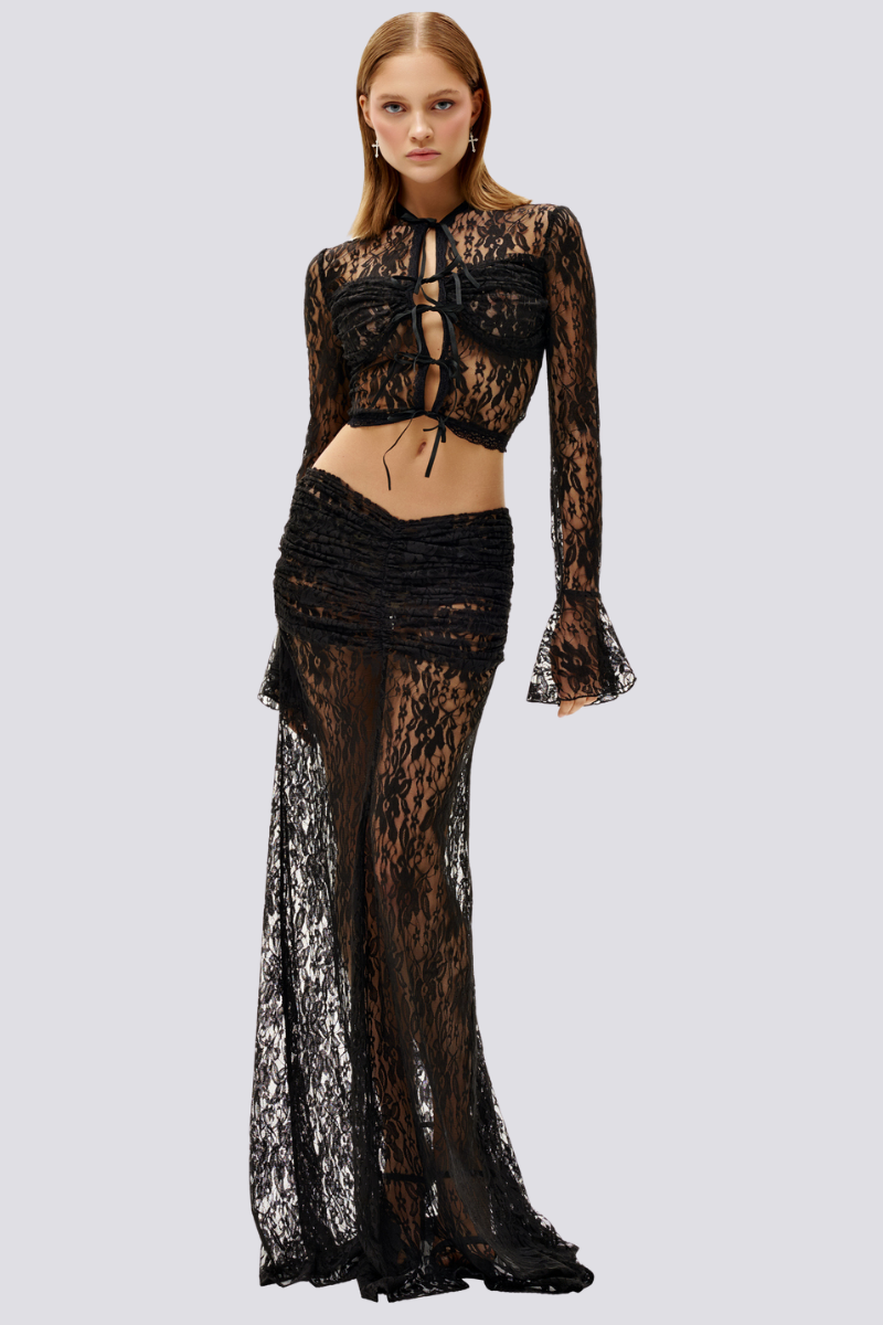Calixte Long Sleeve Lace Ruched Skirt Set In Black-ROVOLE