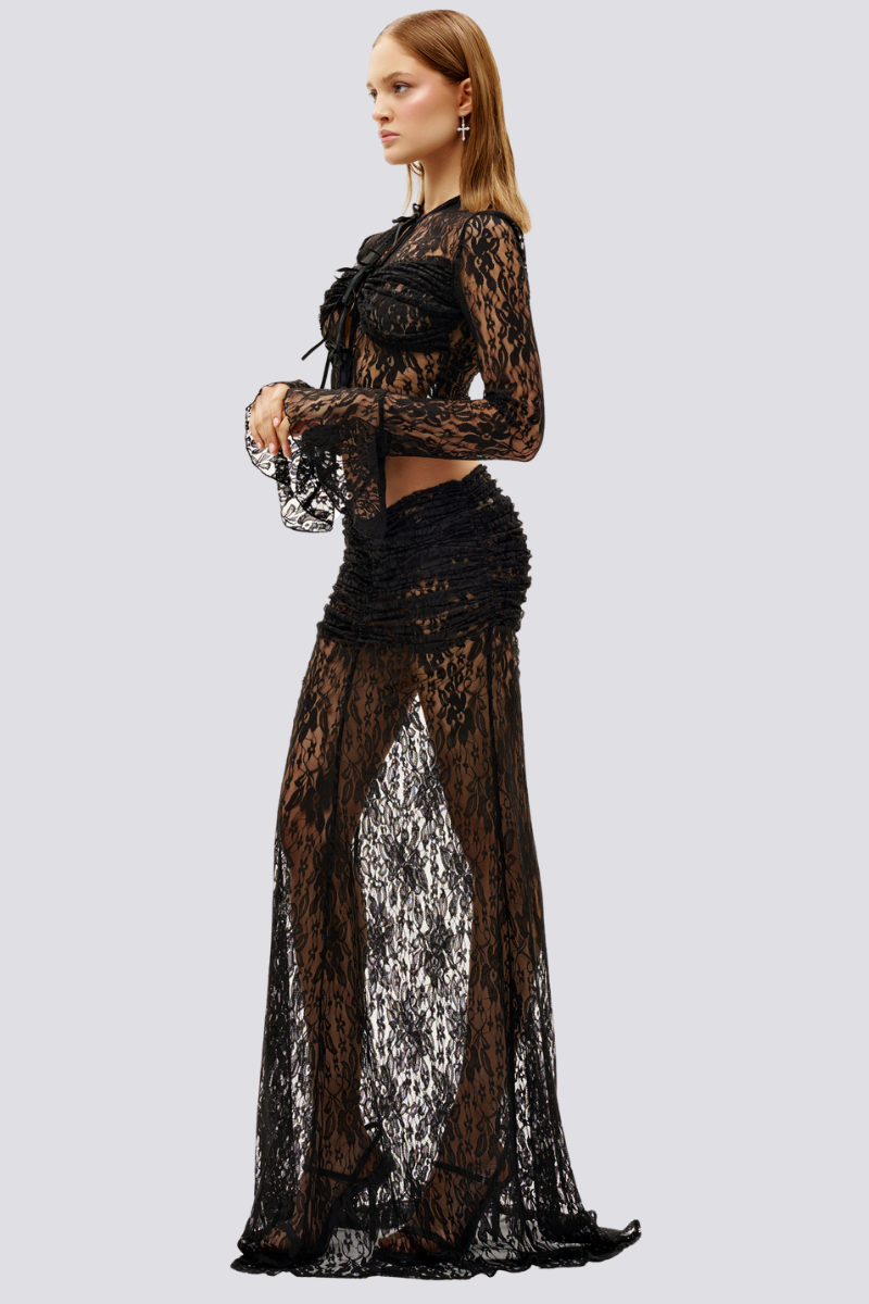 Calixte Long Sleeve Lace Ruched Skirt Set In Black-ROVOLE
