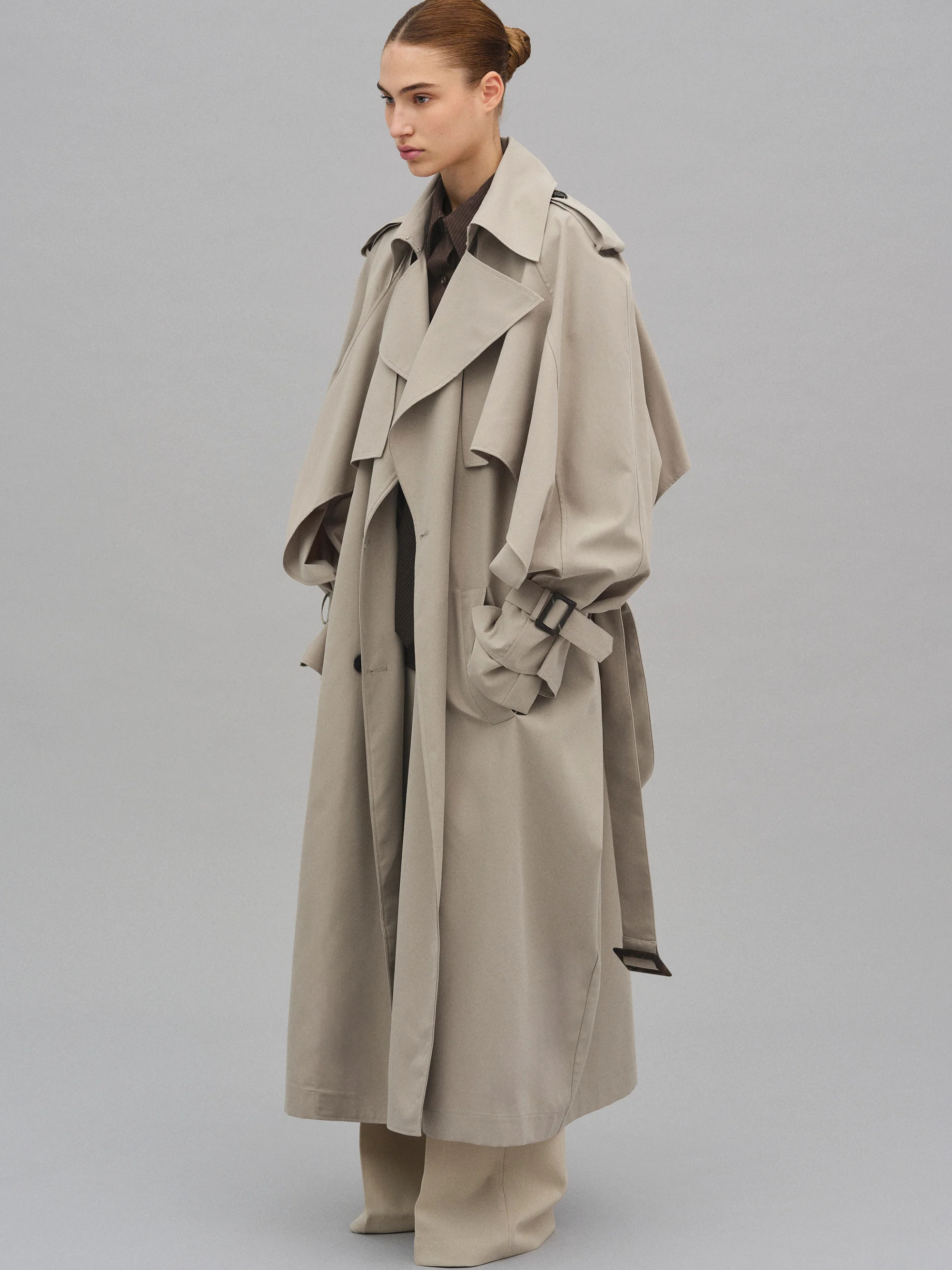 Statement Draped Trench Coat in Neutral Tone