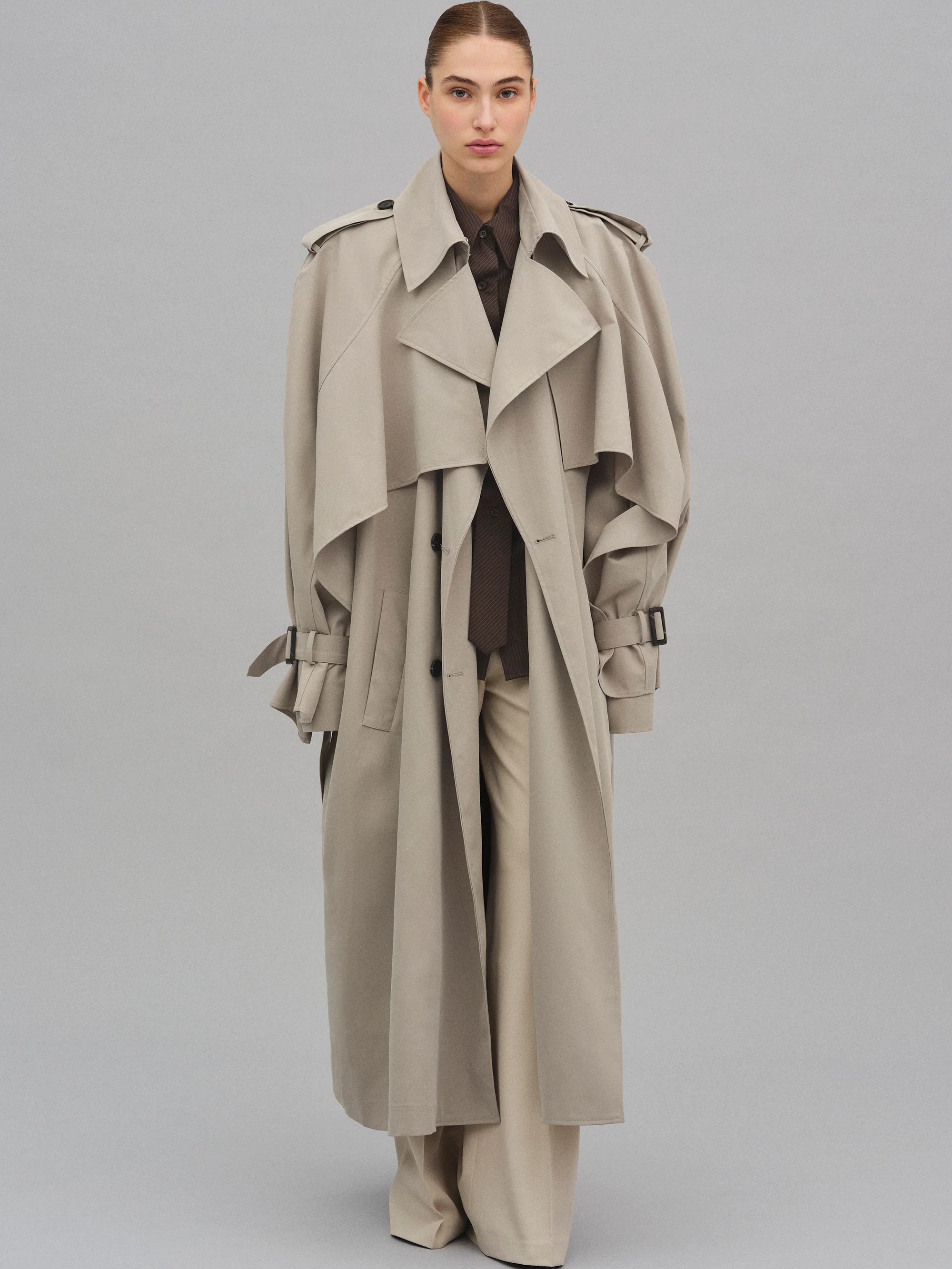 Statement Draped Trench Coat in Neutral Tone