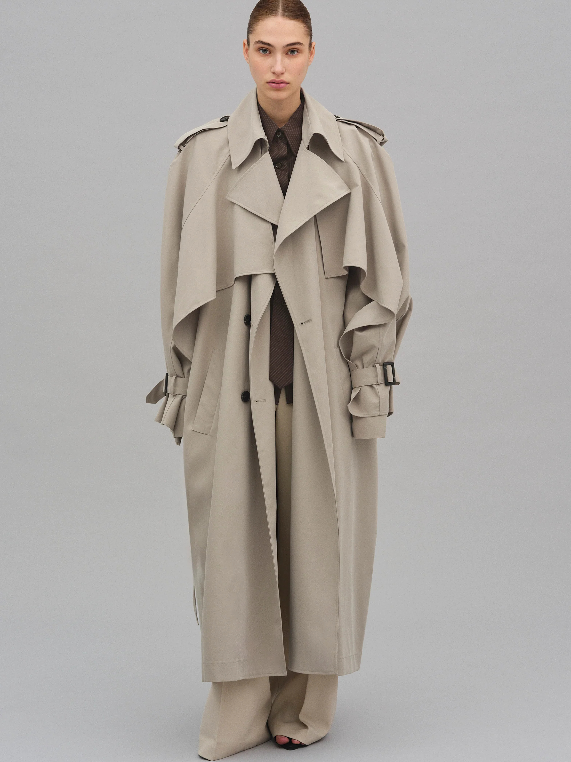 Statement Draped Trench Coat in Neutral Tone