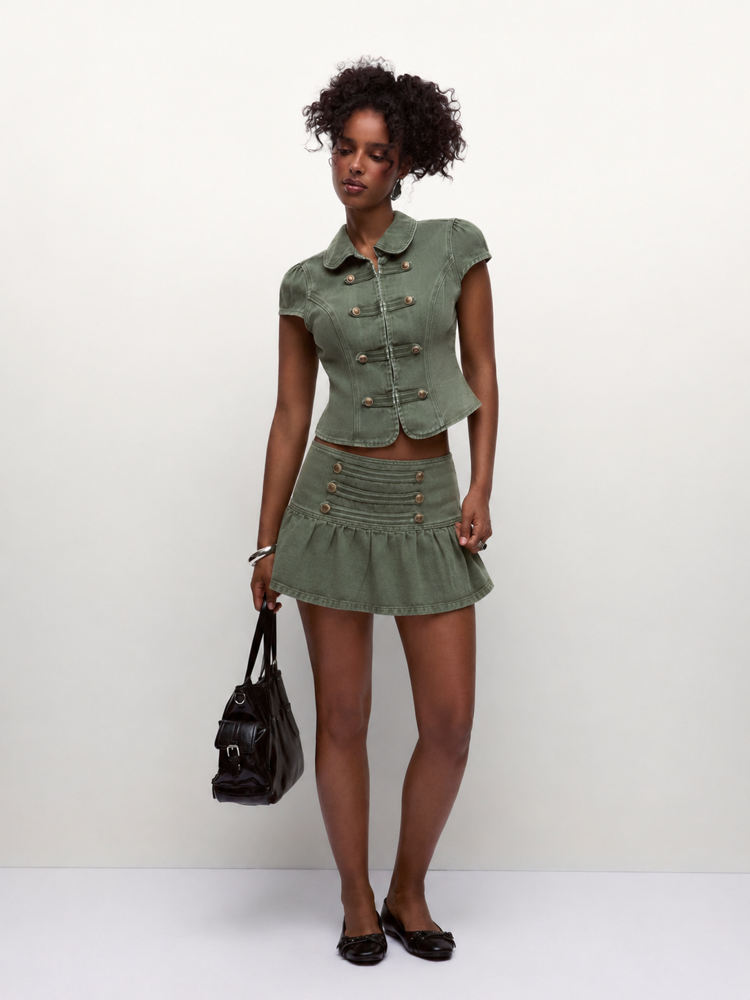 Military Button Cropped Jacket & Pleated Mini Skirt Set