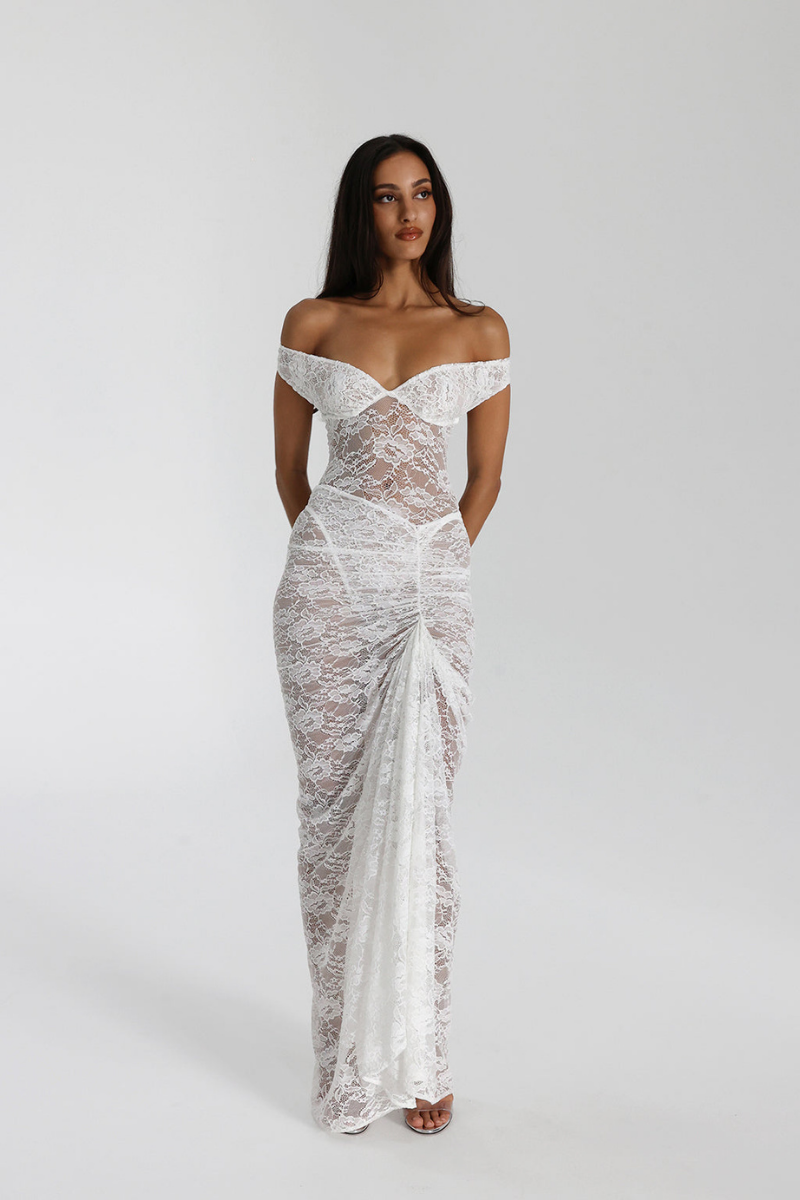 Christelle Off Shoulder Lace Skirt Set In White-ROVOLE