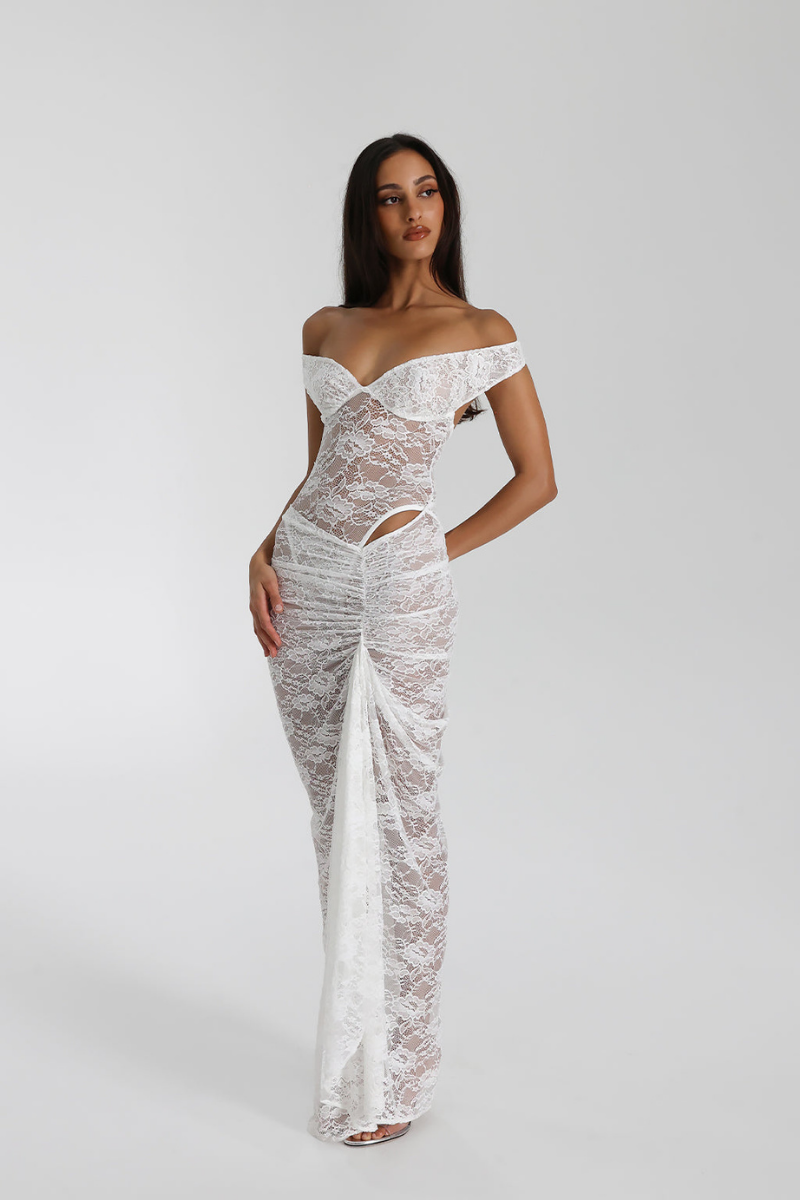 Christelle Off Shoulder Lace Skirt Set In White-ROVOLE