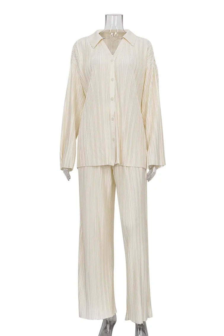 Solid Color Pleated Long Sleeve Pants Set-ROVOLE