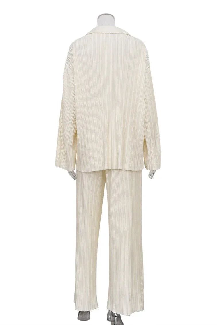 Solid Color Pleated Long Sleeve Pants Set-ROVOLE