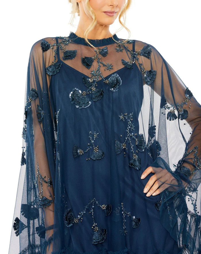 Nocturne Petal Cape-Sleeve Embellished Dress