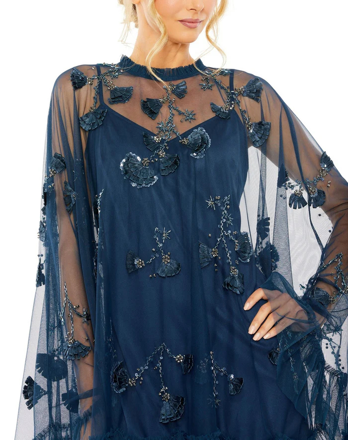 Nocturne Petal Cape-Sleeve Embellished Dress