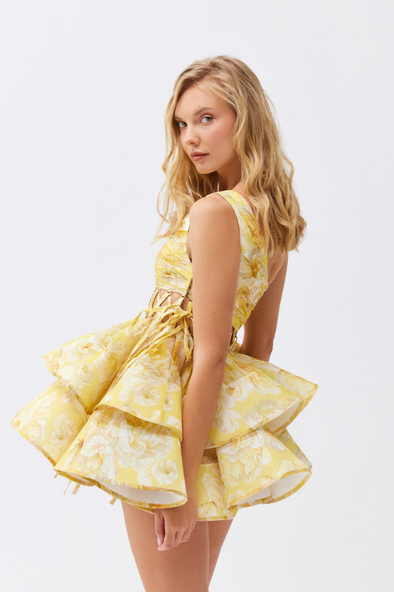 Cora One Shoulder Ruffle Cutout Mini Dress In Yellow-ROVOLE