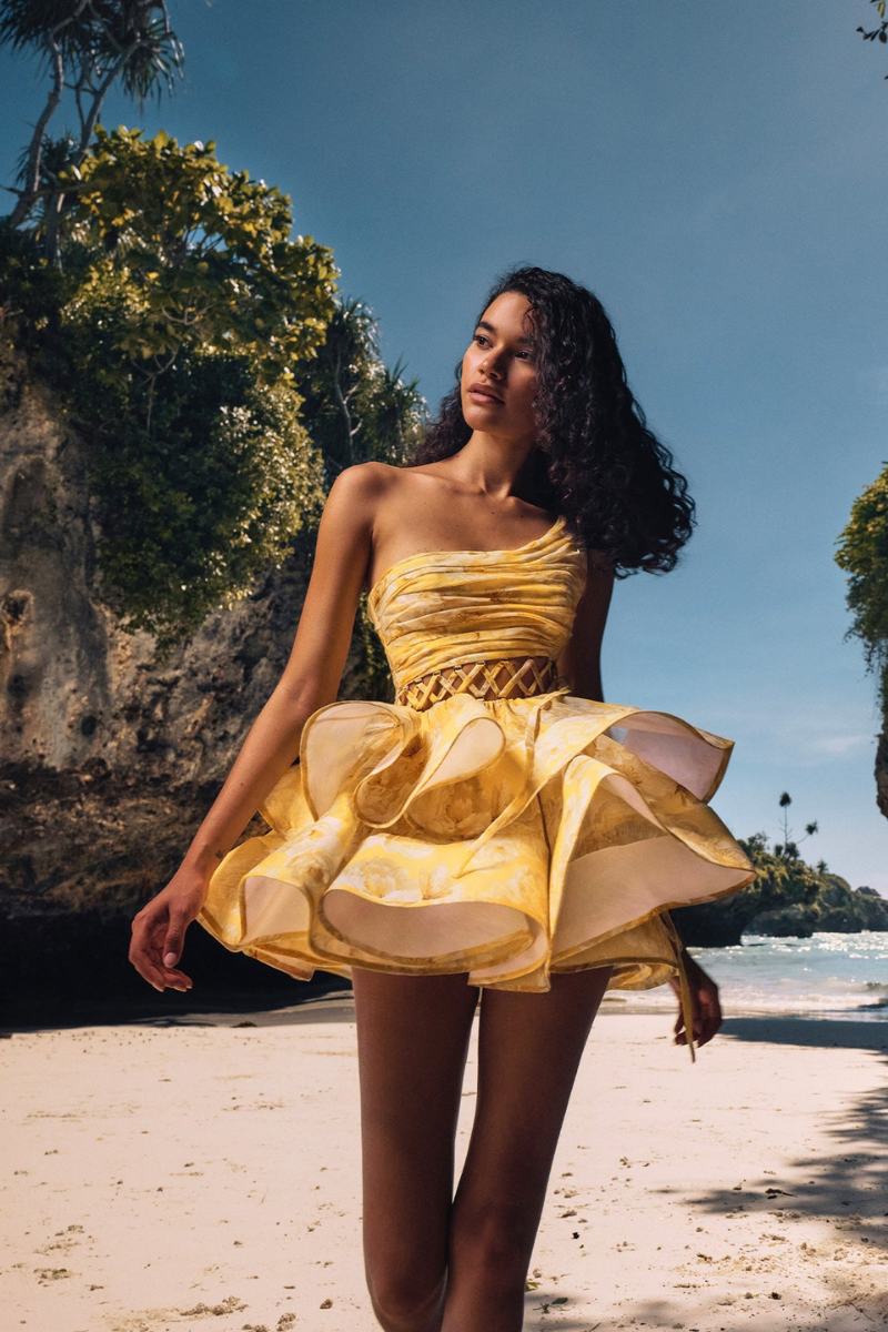 Cora One Shoulder Ruffle Cutout Mini Dress In Yellow-ROVOLE